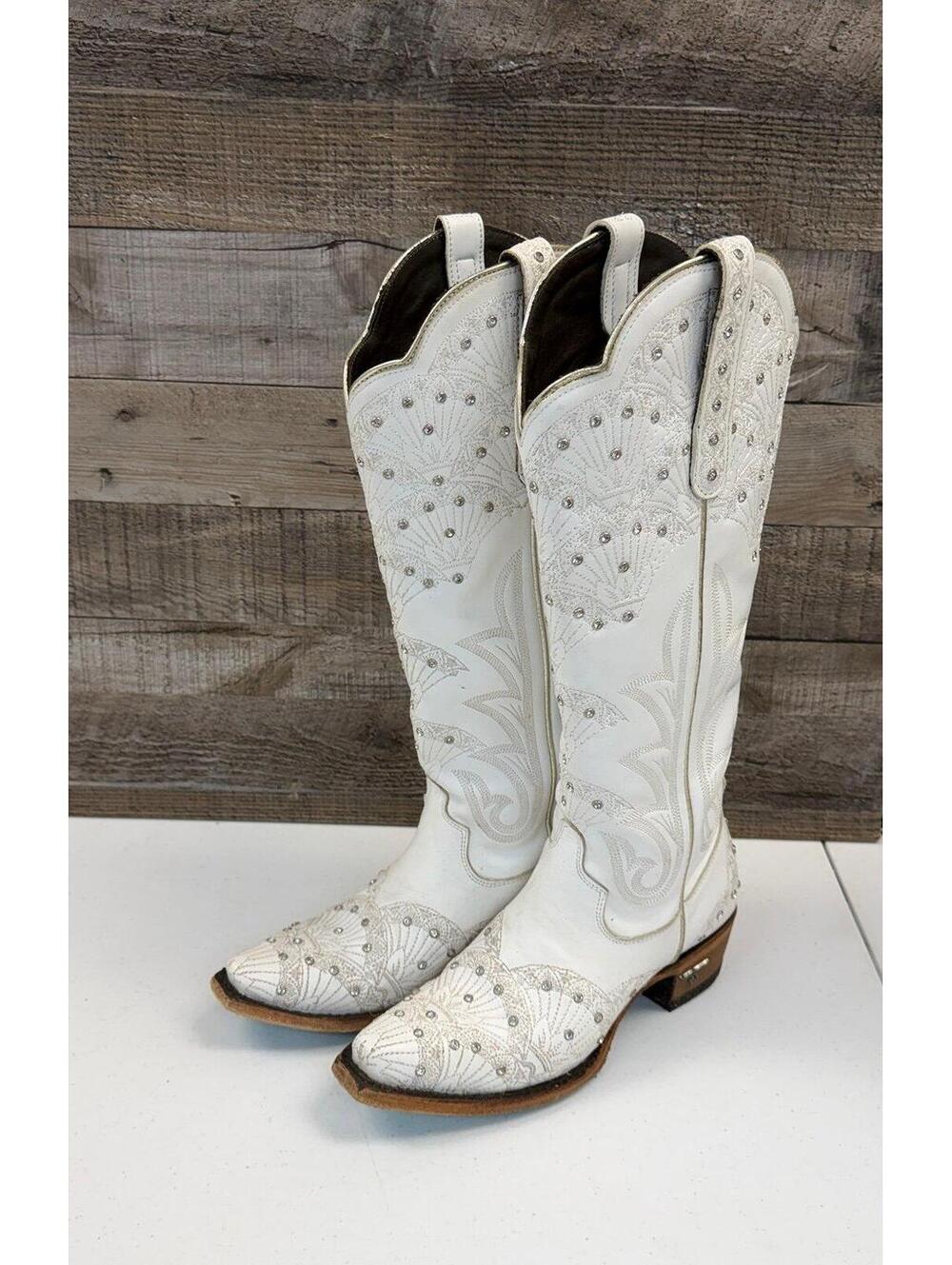 Lane Cowboy Boots. White with clear crystal studs. Size 5B
